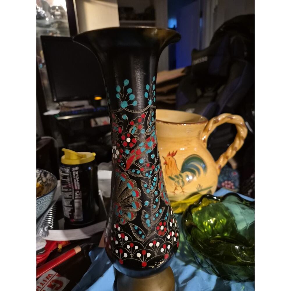 Vintage Brass Etched Vase Color Peacock Fluted 9.5"